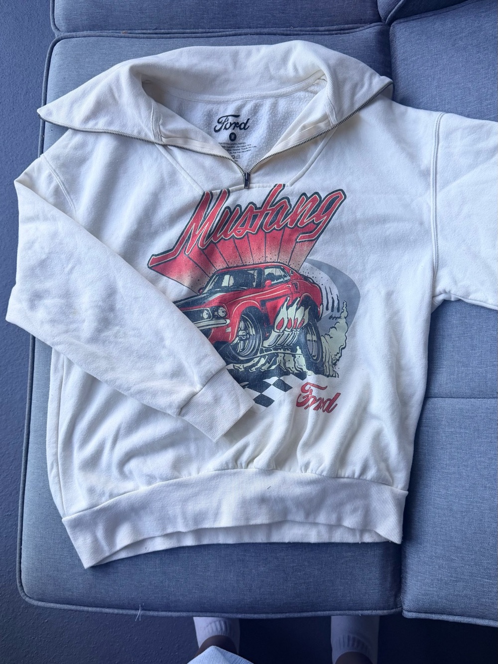 Ford White Pullover Sweatshirt with Red Mustang Graphic